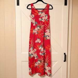 Hawaiian Red Tropical Floral Maxi Dress Lace Up Back M Aloha Hut